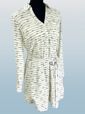 Express LOVE script Ivory Button down Tunic Dress blouse with Sash SMALL
